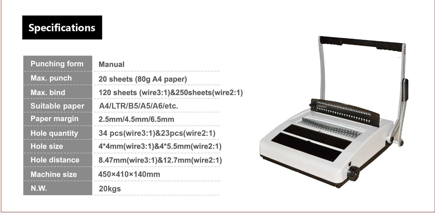 Office Web Wire Binding Machine 2:1 and 3:1 Pitch up to 250 Pages