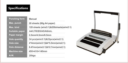 Office Web Wire Binding Machine 2:1 and 3:1 Pitch up to 250 Pages