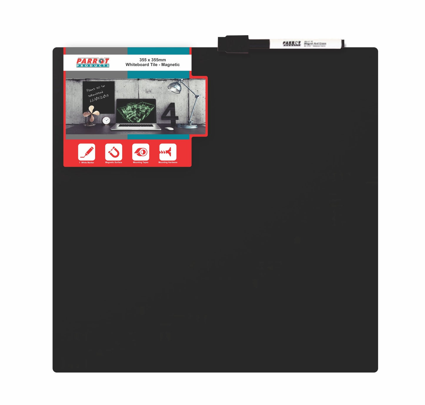 Whiteboard Tile Magnetic 355x 355mm Black